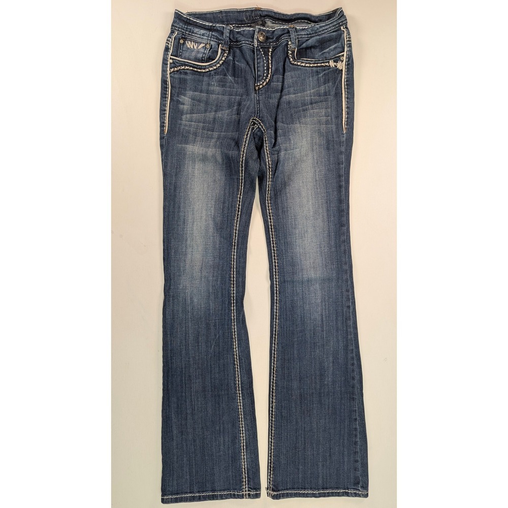 Cello Jeans Womens Size 29 Medium Wash Embroidered Flap Pocket Bootcut C-10154
